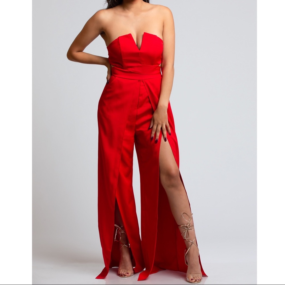 Red Strapless Jumpsuit